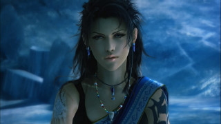 Woman blue dress necklace waterfall - tachisme free wallpaper