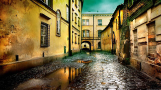 Narrow alley puddle building green - grim free wallpaper