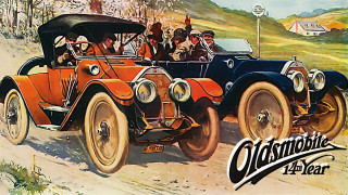 Old time car driving road - promotional free wallpaper for desktop