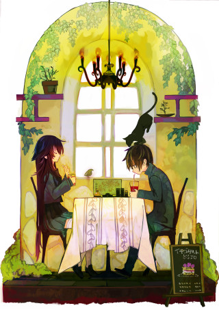 Couple table cat window sill - a couple sitting free wallpaper