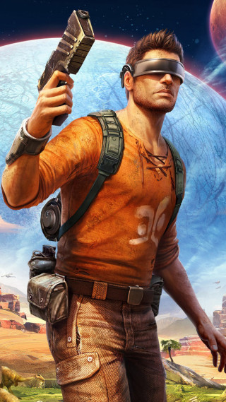 Man holding gun giant planet - a gun in front free wallpaper for mobile