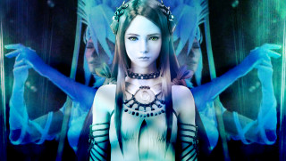 Woman necklace wings head chest - her hand behind her back free wallpaper