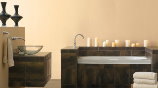 Bathroom tub sink candles wall - rich deep color free wallpaper
