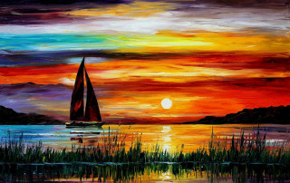 Sailboat lake sunset red sky - impressionist painting free wallpaper