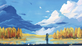 Person lake trees background clouds - atey ghailan free wallpaper for desktop