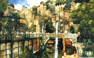 City bridge buildings woman standing - a painting of a city free wallpaper for desktop