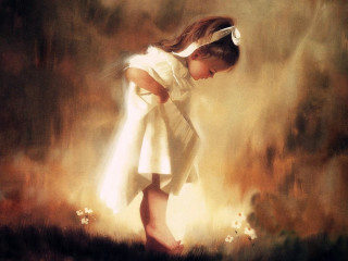 Little girl white dress flower - canvas painting free wallpaper