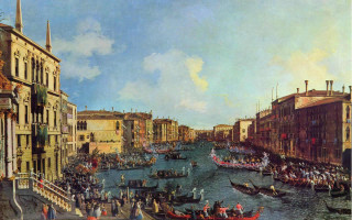 Canal boats people crowd water - canaletto free wallpaper