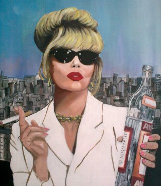 Woman holding bottle cigarette cityscape - pop art free wallpaper for tablet
