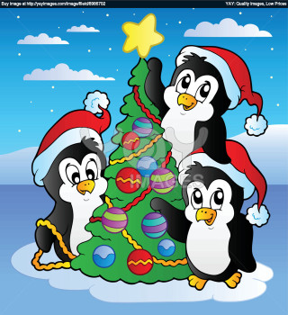 Penguin family christmas tree decorating - free christmas wallpaper for tablet