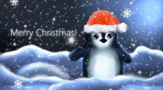 Penguin santa hat snow merry - a digital painting free wallpaper