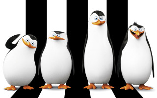 Three penguins striped background middle - a row free wallpaper