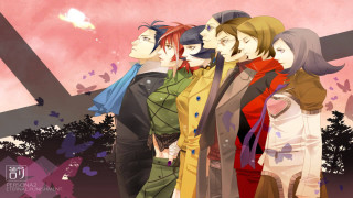 People standing pink sky butterflies - neofauvism free wallpaper for desktop