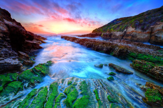 Colorful sunset rocky beach green - the rock and water free wallpaper