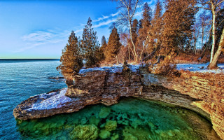 Lake trees rocks cliff blue - a large body of water free wallpaper