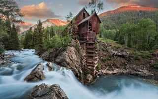 Wooden structure mountain river waterfall - a wooden structure free wallpaper for desktop