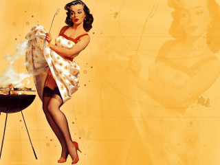 Woman bathing suit cooking grill - transgressive free wallpaper