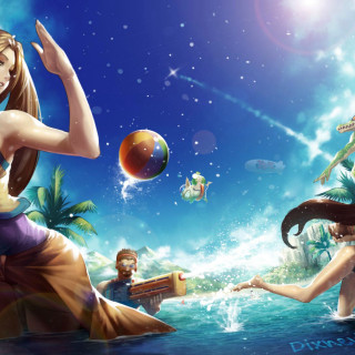 Girl playing ball water shore - tropical free wallpaper