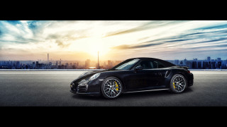 Black porsche city skyline sunset - a black porsche free wallpaper