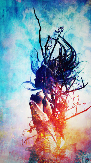 Woman long hair tree branches - biopunk free wallpaper for mobile