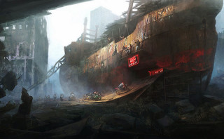 Ship harbor people motorcycle man - league of legends concept art free wallpaper for desktop