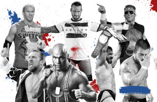 Wrestlers arms in air collage - their arm free wallpaper