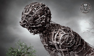 Large metal robot tree cloudy - biomechanical free wallpaper