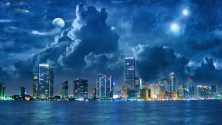 City skyline full moon clouds 2 - a body of water below free wallpaper