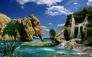 Waterfall lake rock formation people - a large rock formation in the background free wallpaper