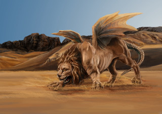 Lion wings desert mountains painting - a desert area free wallpaper