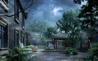 Dark street gazebo trees cloudy 2 - a dark street free wallpaper