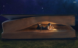 Woman reading book night light - surreal free wallpaper for desktop