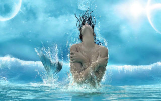 Woman dolphin water fish swimming - figurative art free wallpaper for desktop