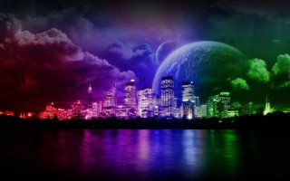City skyline rainbow colored sky 5 - over water free wallpaper