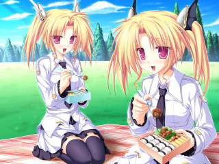Anime girls blanket eating food - a sky background and trees free wallpaper