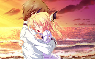 Couple hugging ocean sunset waves - wave free wallpaper