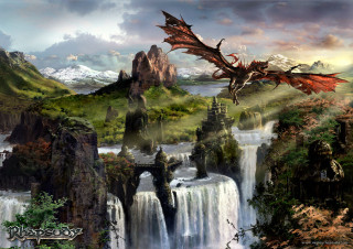 Dragon waterfall forest mountain flying - a mountain range in the background free wallpaper
