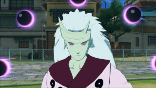 Man white hair anime purple - a building in the background free wallpaper for desktop