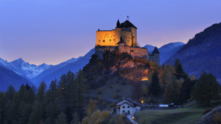 Castle hill mountains dusk lights - the building and trees free wallpaper