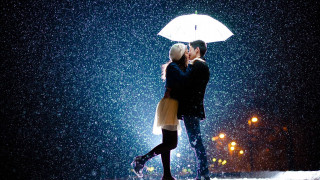 Couple kissing umbrella rain night 2 - free valentines wallpaper for desktop