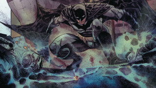 Batman flying over characters dark - a man in the background free wallpaper