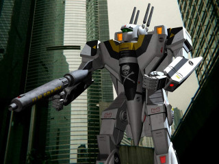 Robot standing street gun building - mecha free wallpaper