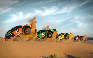 Four trucks desert track sand - epic scale free wallpaper for desktop