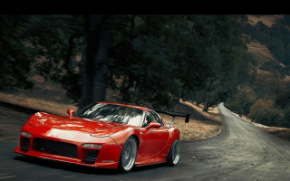 Red sports car road forest 7 - both side free wallpaper for desktop