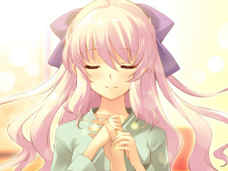 Girl pinkhair blueshirt cellphone smile - long pink hair free wallpaper