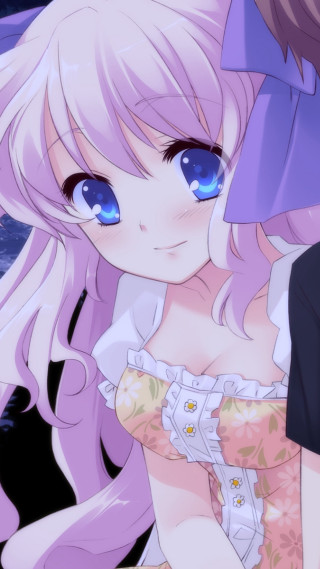 Girl blueeyes pinkdress hugging anime - a detailed drawing free wallpaper for mobile