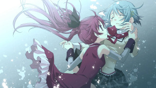 Anime characters hugging water bubbles - white bubble free wallpaper
