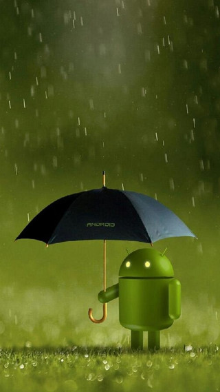 Green android character holding umbrella 5 - an umbrella in the rain free wallpaper for mobile