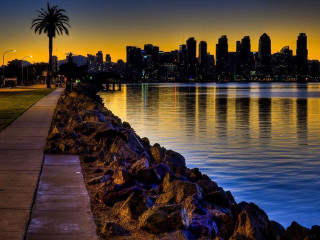 City skyline lake sunset sidewalk - a sidewalk free wallpaper for desktop