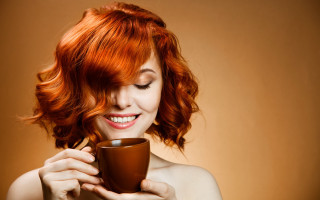 Woman red hair coffee smile - red hair holding free wallpaper